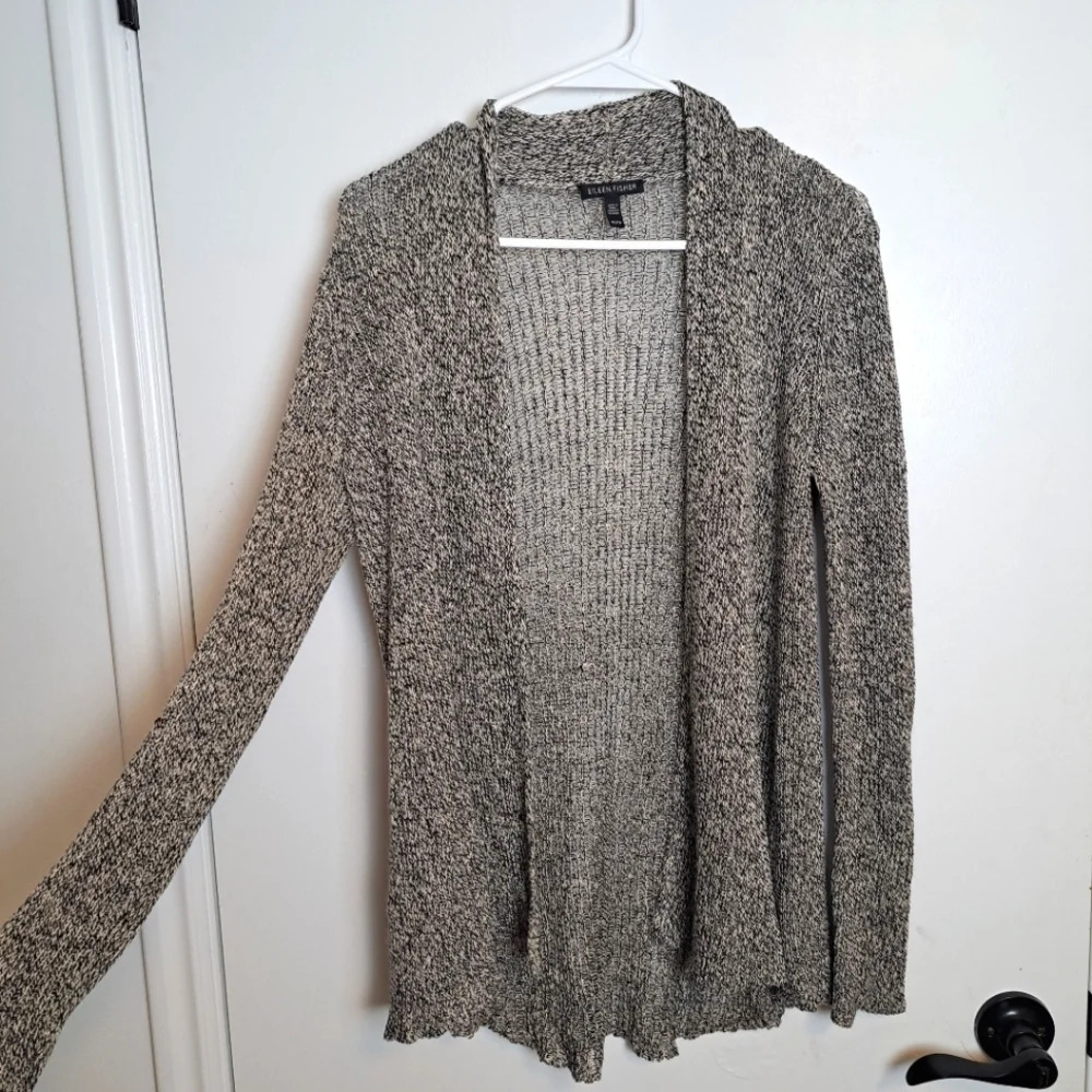 Eileen Fisher Cream Black Loose Knit Organic Linen‎ Wool Beachy Cardigan Sz XS
